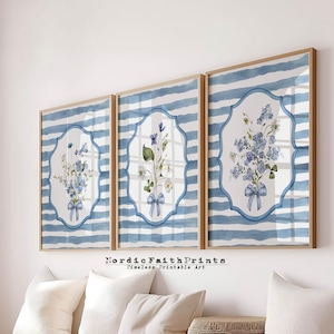 Conjunto de 3 estampas florais azuis – Arte de parede com flores em aquarela vintage – Imprimível listrado para berçário NFP25