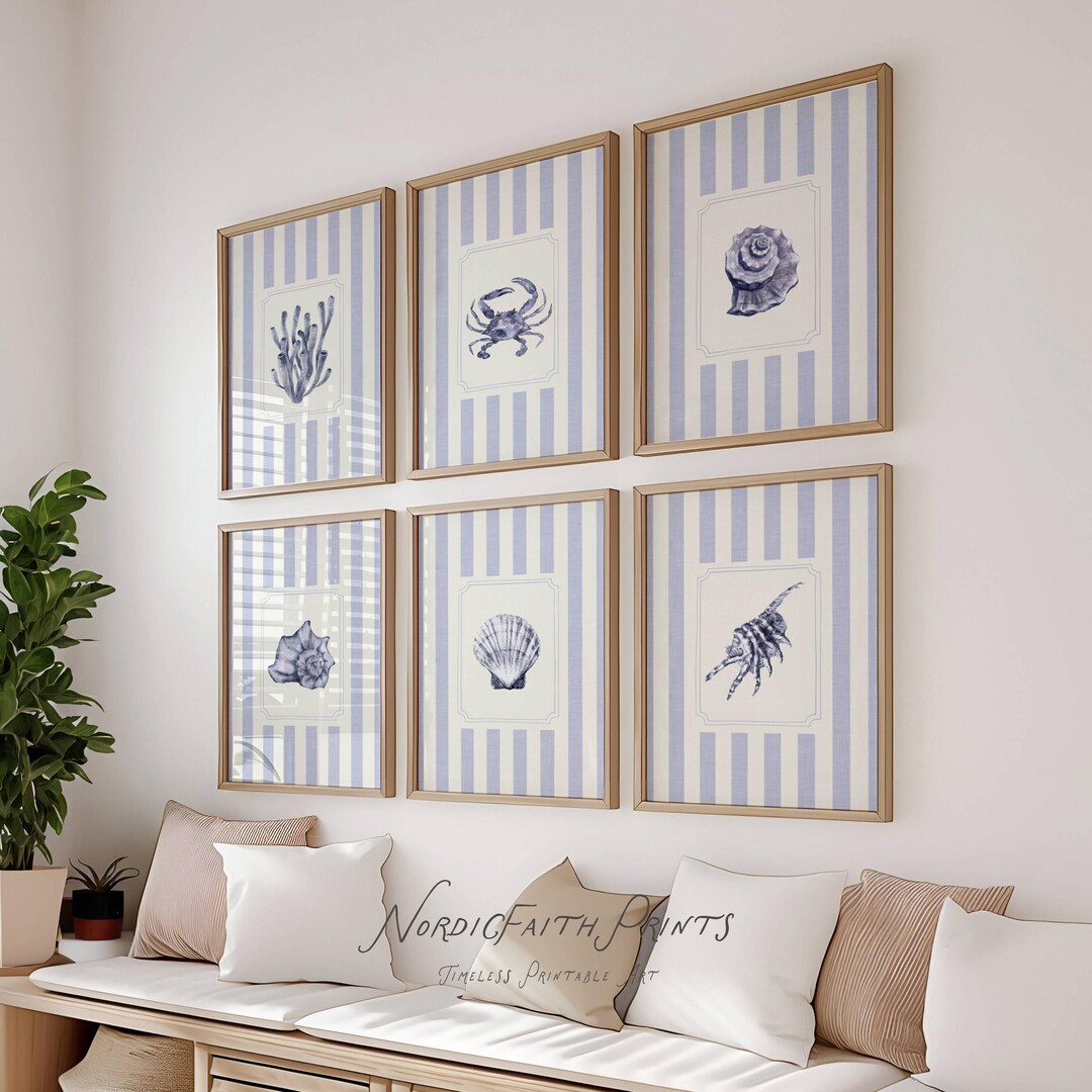 Blue Coastal Seashell Wall Art Set of 6 – Nautical Cottagecore ...