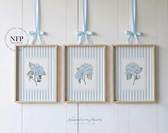 Set di stampe costiere con ortensie blu: arte murale floreale Cottagecore (download digitale)