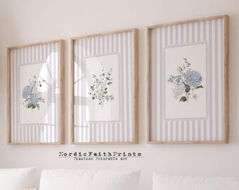 Set di stampe floreali di ortensie: stampa murale ad acquerello a strisce grigie (download digitale)