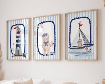 Watercolor Nautical Nursery Art: Sailor Bear, Lighthouse & Boat Prints (Set of 3) (Digital Download)