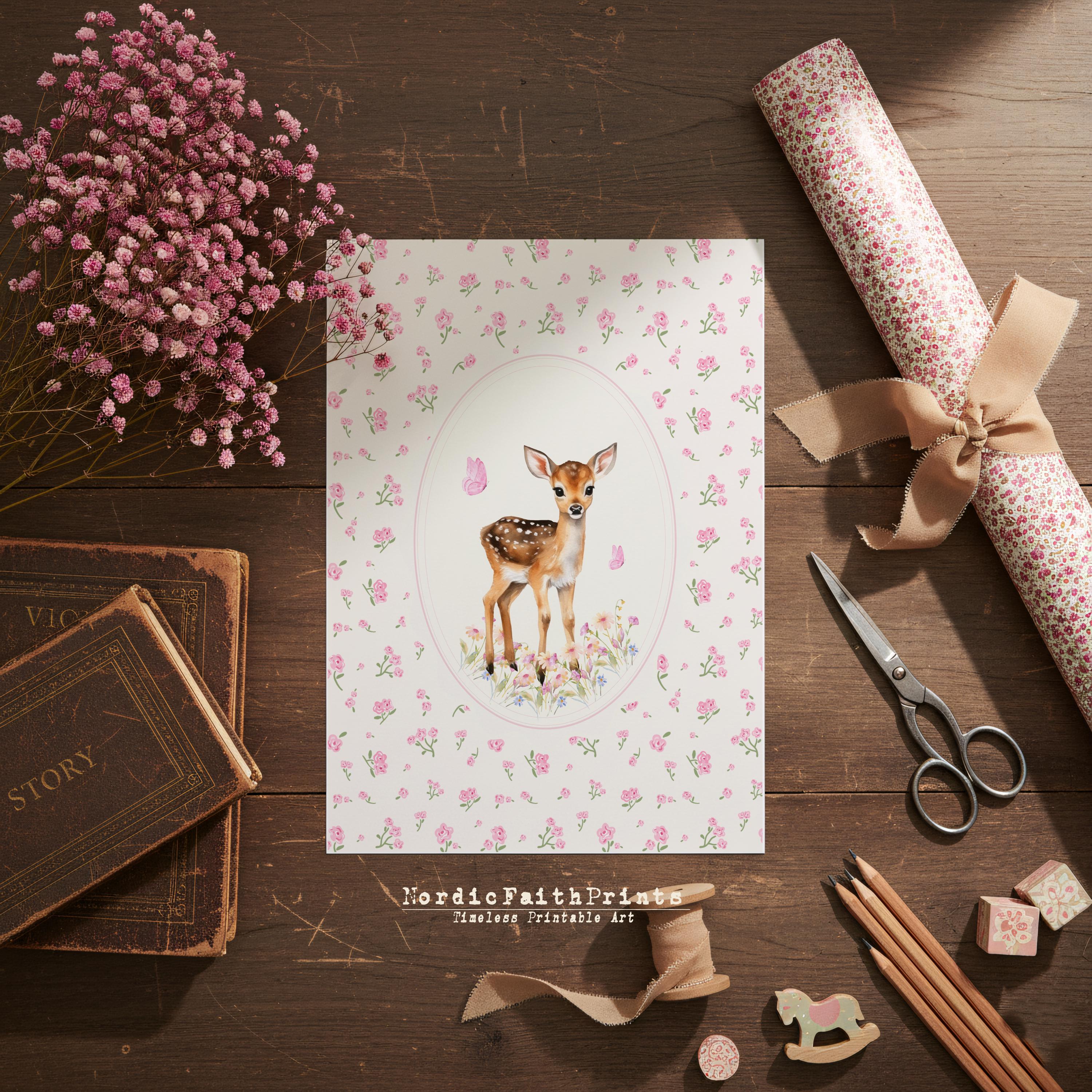 Baby Deer Floral Print – Woodland Fawn Illustration (digital 