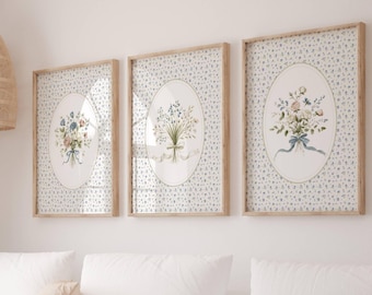Láminas florales azules de ensueño para habitación infantil: estilo rústico vintage, juego de 3 (descarga digital)