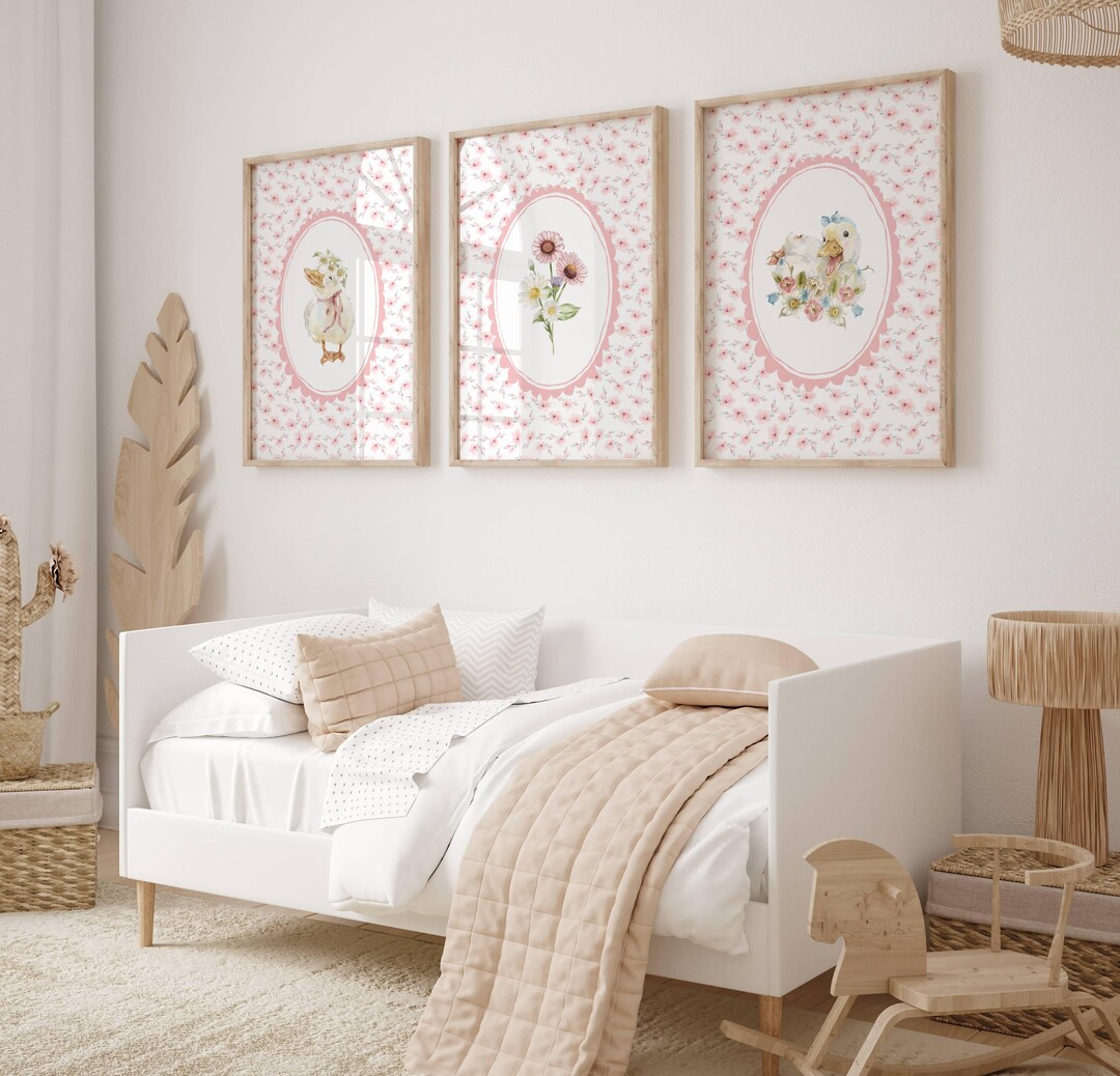 Pink Floral Nursery Prints, Set of 3: Vintage Duck & Flower Art ...