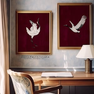Japanese Crane Prints Set: Red Minimalist Asian Decor (Digital Download)