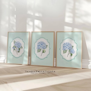 Conjunto de 3 impressões de flores de hortênsia azul com fundo listrado, arte de parede floral em aquarela vintage, decoração de parede botânica para impressão NFP112