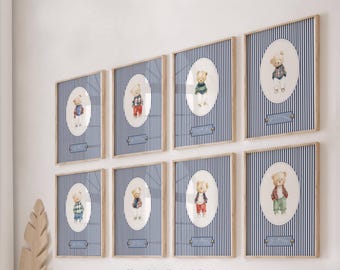 Vintage Teddy Bear Nursery Prints – Blue Striped Decor (Digital Download)