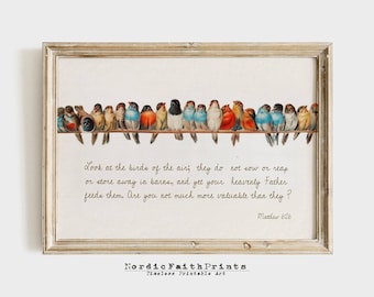 Stampa vintage con uccelli – Versetto biblico Matteo 6:26, decorazione murale cristiana (download digitale)