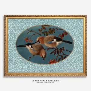 Vintage Vogel Eichelhäher Vogel Paar mit blauem floralem Hintergrund, vintage Bilderrahmen Look, Cottagecore Dekor, sofortiger Download NFP66