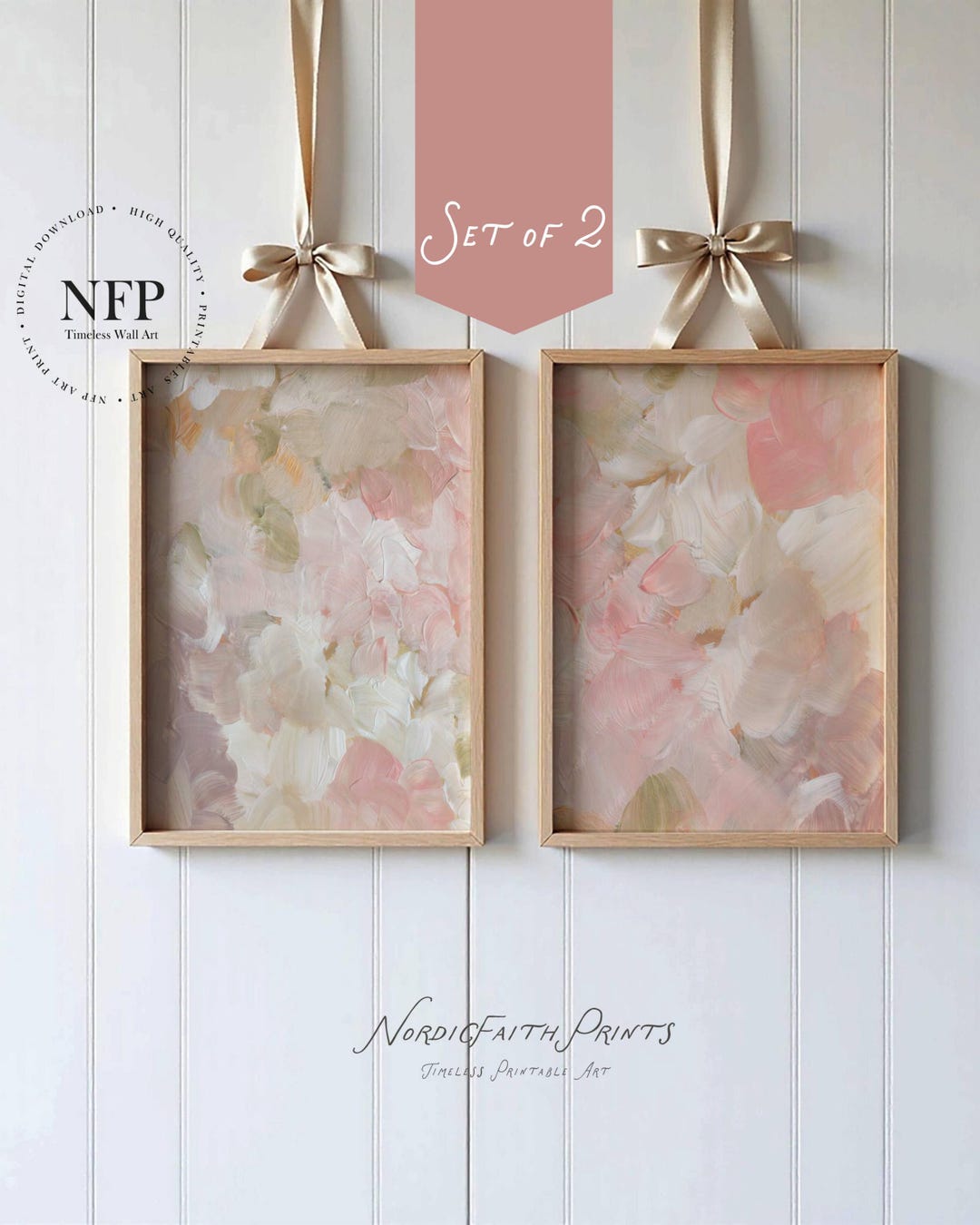 Blush Pink Abstract Floral Set of 2: Textured Neutral Oil Look Wall Art ...