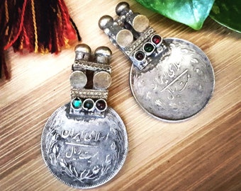 Two Vintage Tribal Coins with Small Jewels and Large Bales - Tribal DIY Costuming Belly Dance Coins - Pair Coin Pendants - 1 Inch Plus