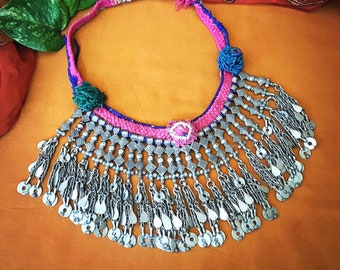 Kuchi Necklace - Vintage Afghan Nomad Necklace with Long Dangles - Tribal Charms Poms Choker - Kuchi Dangles on Woven Band