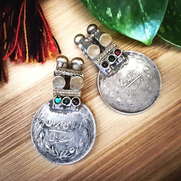 Two Vintage Tribal Coins with Small Jewels and Large Bales - Tribal DIY Costuming Belly Dance Coins - Pair Coin Pendants - 1 Inch Plus
