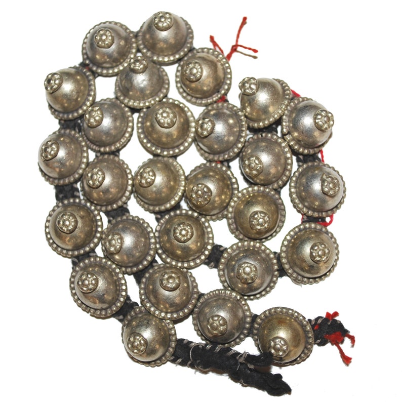Turkoman Tribal Buttons on Black Cord 27 Matching Vintage Buttons Silvery Belly Dance Costuming DIY Buttons image 4
