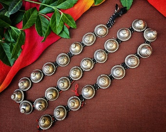 Turkoman Tribal Buttons on Black Cord - 27 Matching Vintage Buttons - Silvery Belly Dance Costuming DIY Buttons