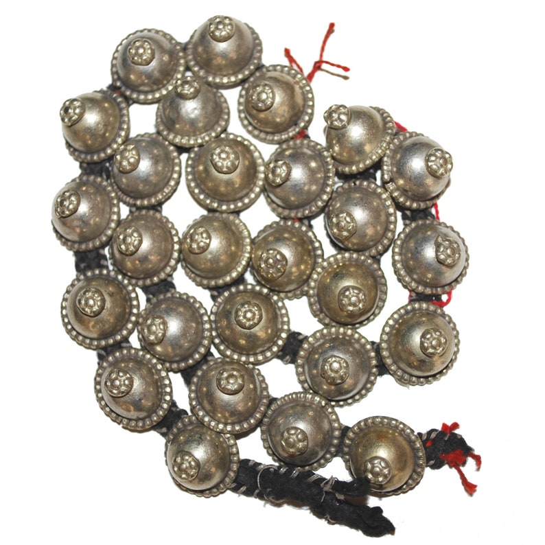 Turkoman Tribal Buttons on Black Cord 27 Matching Vintage Buttons Silvery Belly Dance Costuming DIY Buttons image 9