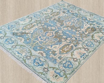 Alfombra Oushak azul de 20 x 25 cm – Alfombra turca de lana anudada a mano – Alfombra geométrica vintage – Decoración para el hogar en tonos pastel suaves
