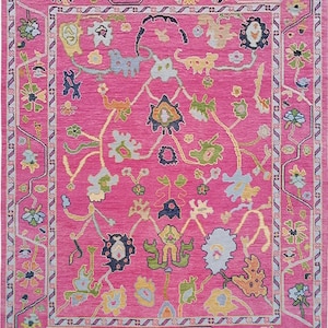 Handmade Pink Oushak Rug: Turkish Wool Floral Carpet