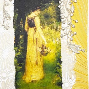 Cartão de felicitações inspirador feito à mão - mulher em cartão de felicitações amarelo - cartão de felicitações com cena de jardim - cartão com citação da natureza