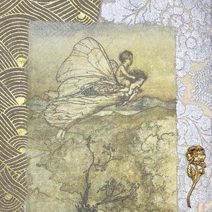 Fairy card-Illustration fairy handmade greeting card-fairy with baby decorated greeting card-card wit metal embellishment-card for newborn