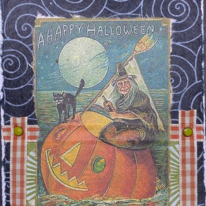 Vintage Halloween Witch Card: Pumpkin Boat, Black Cat, Handmade Collage