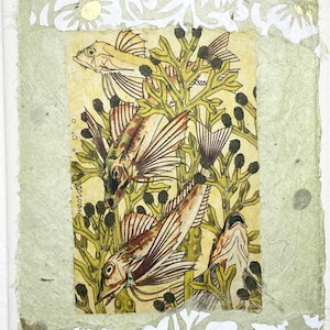 Art greeting card with fish-exotic fish art greeting card-collage art handmade card