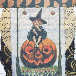 Vintage Halloween Card: Girl Witch on Pumpkin, Handmade Greeting