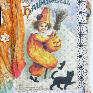 Vintage Halloween Art Card, Decorated Handmade Paper Greeting