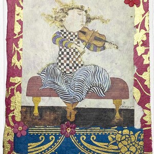 Carte de voeux artistique Boulanger - Fille jouant du violon - Carte de voeux artistique décorée à la main - Carte de voeux artistique originale
