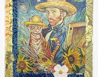 Vincent Van Gogh fantasy art greeting card-Van Gogh with cat greeting card-decorated art card-handmade art card