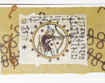 Handgemaakte horoscoopkaart voor Boogschutter-oude kunstafbeelding print-verjaardagskaart-astrologiekaart met persoonlijkheidseigenaardigheden