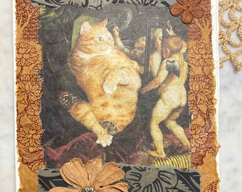 Ginger cat greeting card-ginger cat with cherubs greeting card-humorous art greeting card-handmade artistic greeting card