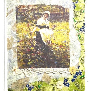 Tarjeta de felicitación de mujer en el jardín: tarjeta de felicitación de collage hecha a mano.