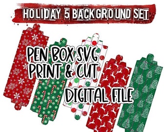 5 Pack Holiday Red and Green Pattern Pen Box Cut and Print SVG and PNG Digital Download