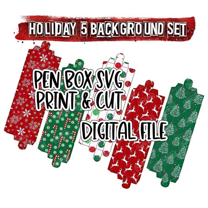 5 Pack Holiday Red and Green Pattern Pen Box Cut and Print SVG and PNG Digital Download image 1