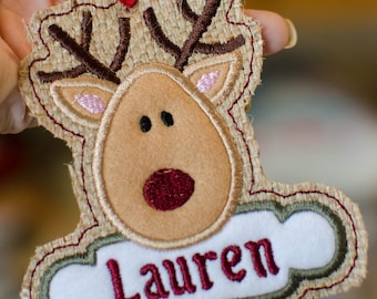 Instant Download In-the-hoop REINDEER MERRY CHRISTMAS tag / Tree Ornament applique embroidery design
