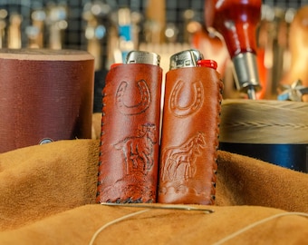 Hand-Tooled Leather Lighter Case - Horseshoe & Stallion Design