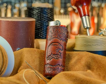 Hand-Tooled Leather Lighter Case - Eagle Design, Full-Grain