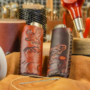 Leather Lighter Case, Leather Lighter Sleeve, Lighter Case, Lighter Cover made to fit standard Bic lighters - Feather & Fin