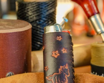 Hand-Tooled Leather Lighter Case – The Dreamer Unicorn, Fits Bic Lighters