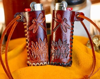 Hand-Tooled Leather Lighter Case – Dragonfly Design
