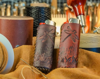 Hand-Tooled Leather Lighter Case – Dragonfly Design