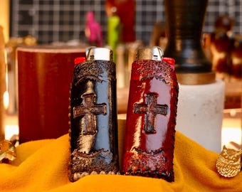 Steadfast Cross - Leather Lighter Case, Lighter Case, Lighter Cover made to fit standard Bic lighters