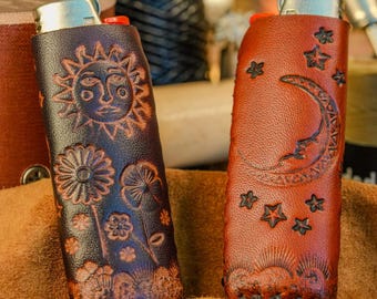 Hand-Tooled Leather Lighter Case – Celestial Sun & Moon Design