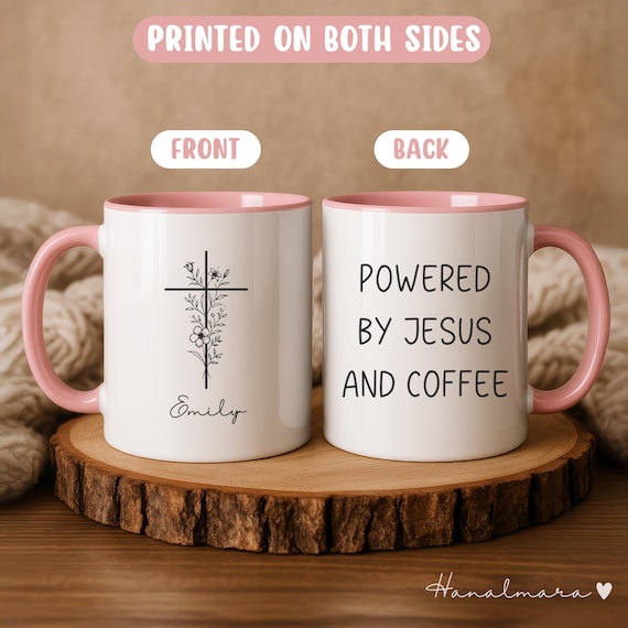 Personalized Christian Coffee Mug, Powered By Jesus And Coffee, Religious Gift For Women, Custom Bible Verse Cup, Faith Gift For Her