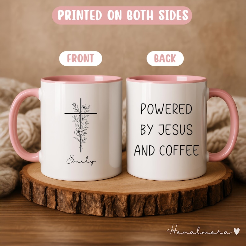 Personalized Christian Coffee Mug, Powered By Jesus And Coffee, Religious Gift For Women, Custom Bible Verse Cup, Faith Gift For Her imagen 1