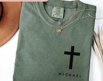 Personalized Cross Dad Shirt Comfort Colors Christian Tee Custom Name Shirt Minimalist Faith Shirt Jesus Gift Religious Shirt for Dad