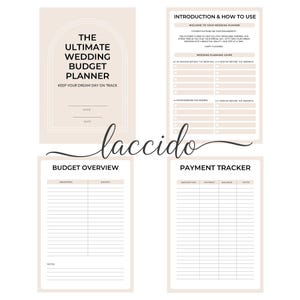 May include: A four-page wedding budget planner with a soft beige color scheme. The cover reads "The Ultimate Wedding Budget Planner" with space for a name and date. Other pages include a wedding planning guide, budget overview, and payment tracker.