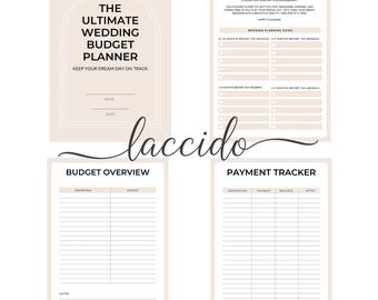 May include: A four-page wedding budget planner with a soft beige color scheme. The cover reads "The Ultimate Wedding Budget Planner" with space for a name and date. Other pages include a wedding planning guide, budget overview, and payment tracker.