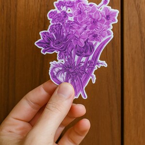 Pegatina floral morada: Calcomanía vintage de ramo de flores violetas